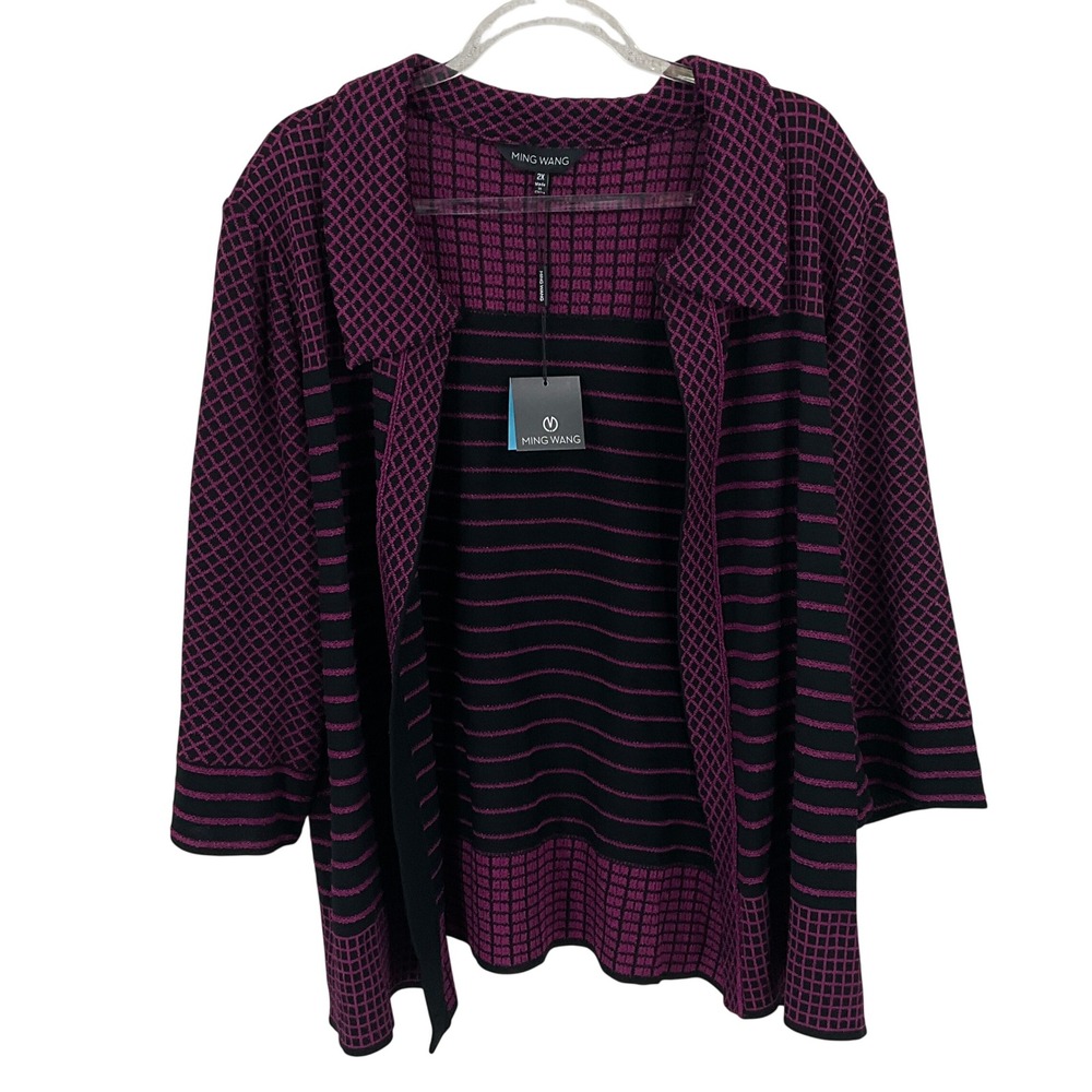 Ming Wang Cardigan Jacket Women 2X Purple Black Geometric Knit Collared NEW